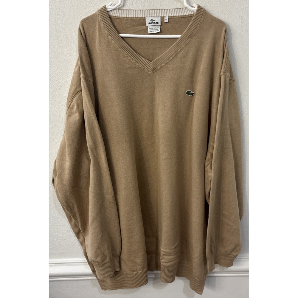 Lacoste Mens 12R V Neck‎ Sweater Tan Long Sleeve Classic Crocodile